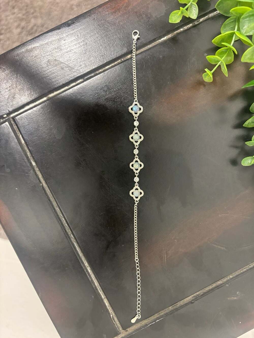 Sterling Silver Clover Gemstone Link Bracelet or anklet w Moonstone and Crystals